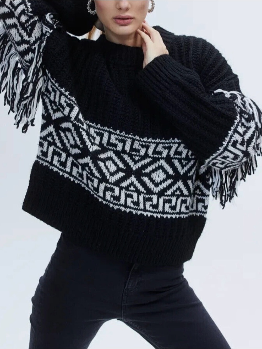 H&M FW22 Fringe Trimmed Black /White Jacquard Wool Blend Knit Jumper size XS